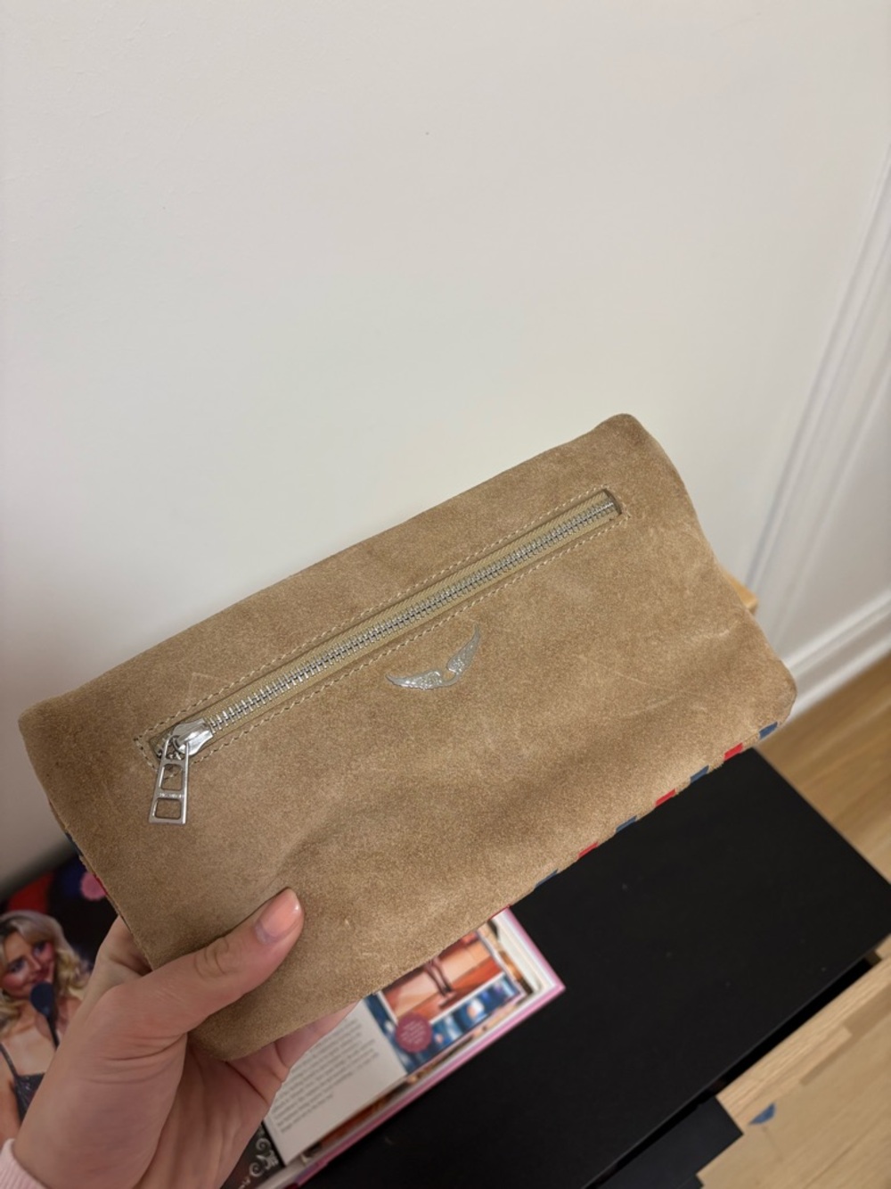 Zadig & Voltaire Suede Mini Clutch in Light Brown with Silver Hardware